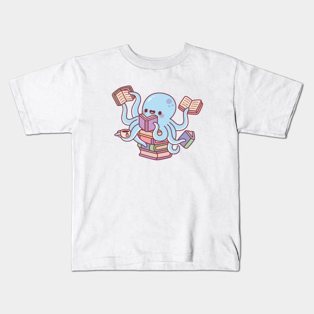 Cute Octopus Busy Reading Books Kids T-Shirt by rustydoodle